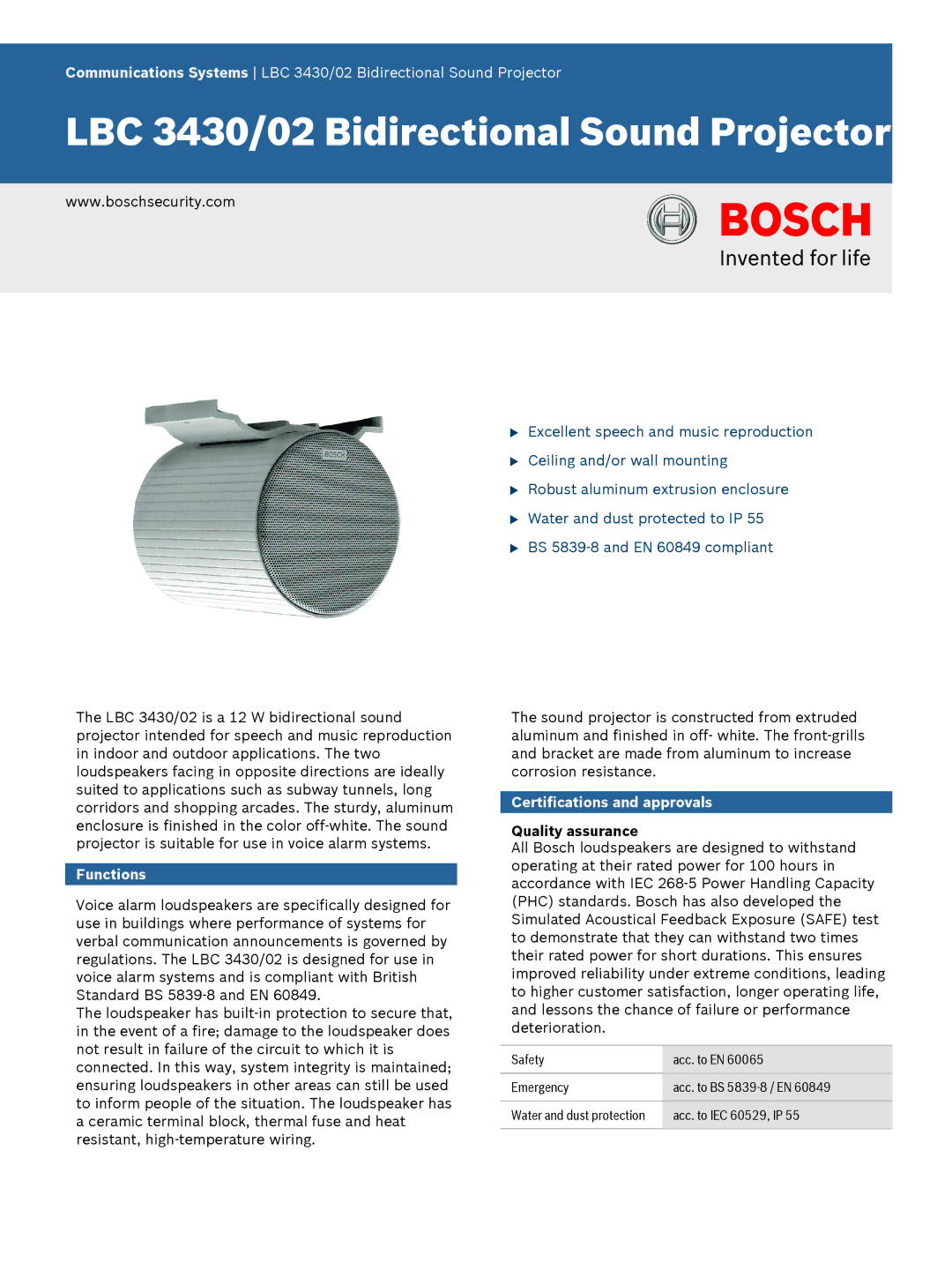 Bosch Appliances LBC 3430 2 manual Functions, Certifications and approvals, Quality assurance 