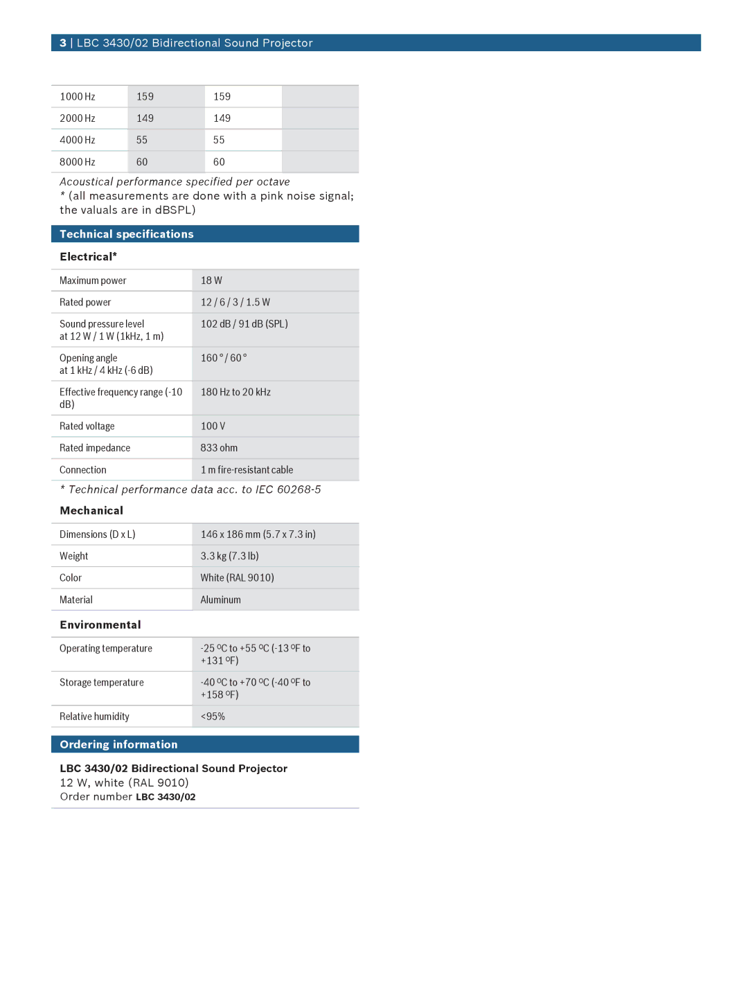 Bosch Appliances LBC 3430 2 manual Technical specifications, Electrical, Mechanical, Environmental, Ordering information 