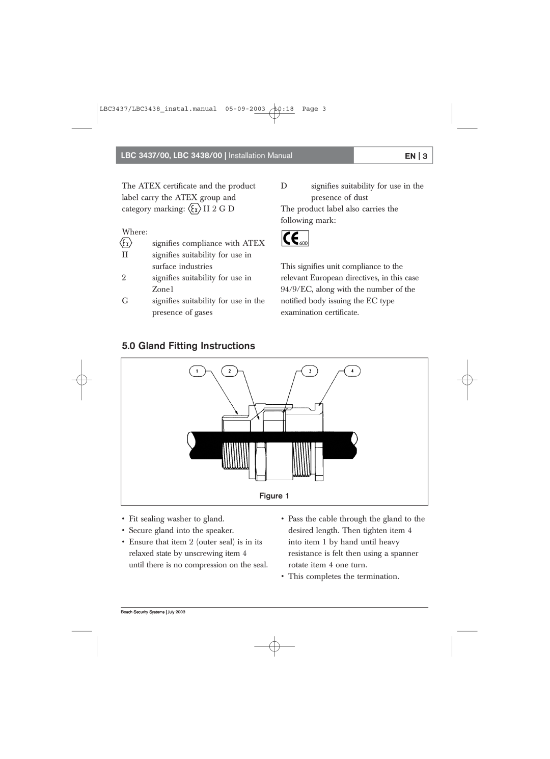 Bosch Appliances installation manual Gland Fitting Instructions, LBC 3437/00, LBC 3438/00 Installation Manual 