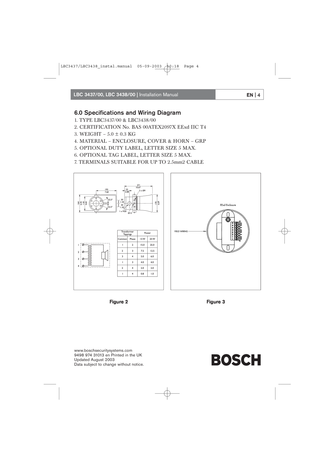Bosch Appliances installation manual Specifications and Wiring Diagram, LBC 3437/00, LBC 3438/00 Installation Manual 