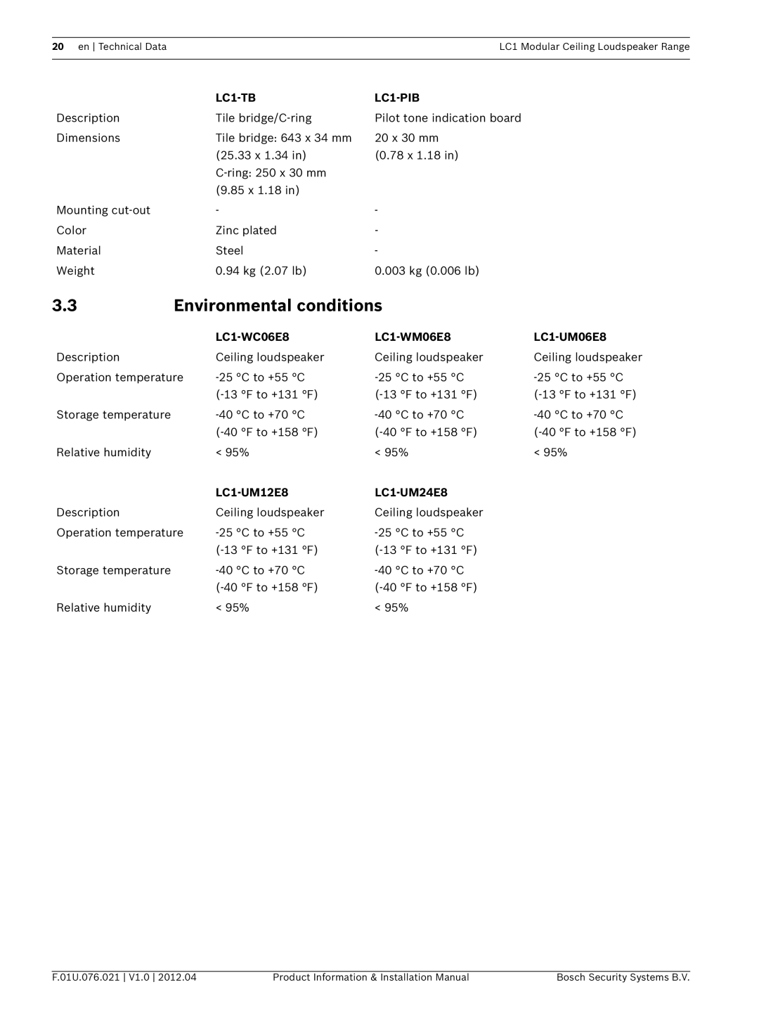 Bosch Appliances installation manual Environmental conditions, LC1-TB LC1-PIB 