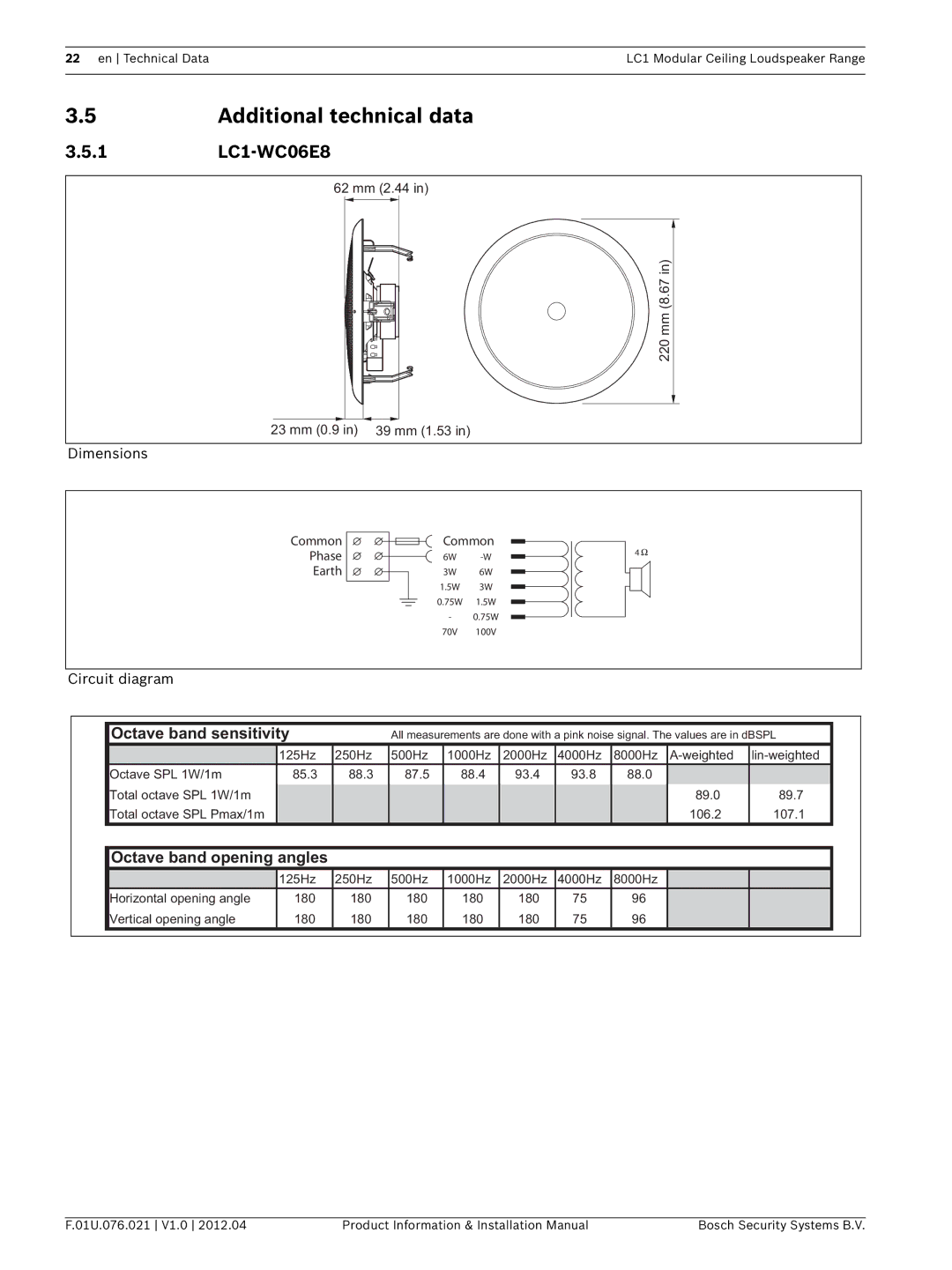 Bosch Appliances installation manual Additional technical data, LC1-WC06E8 