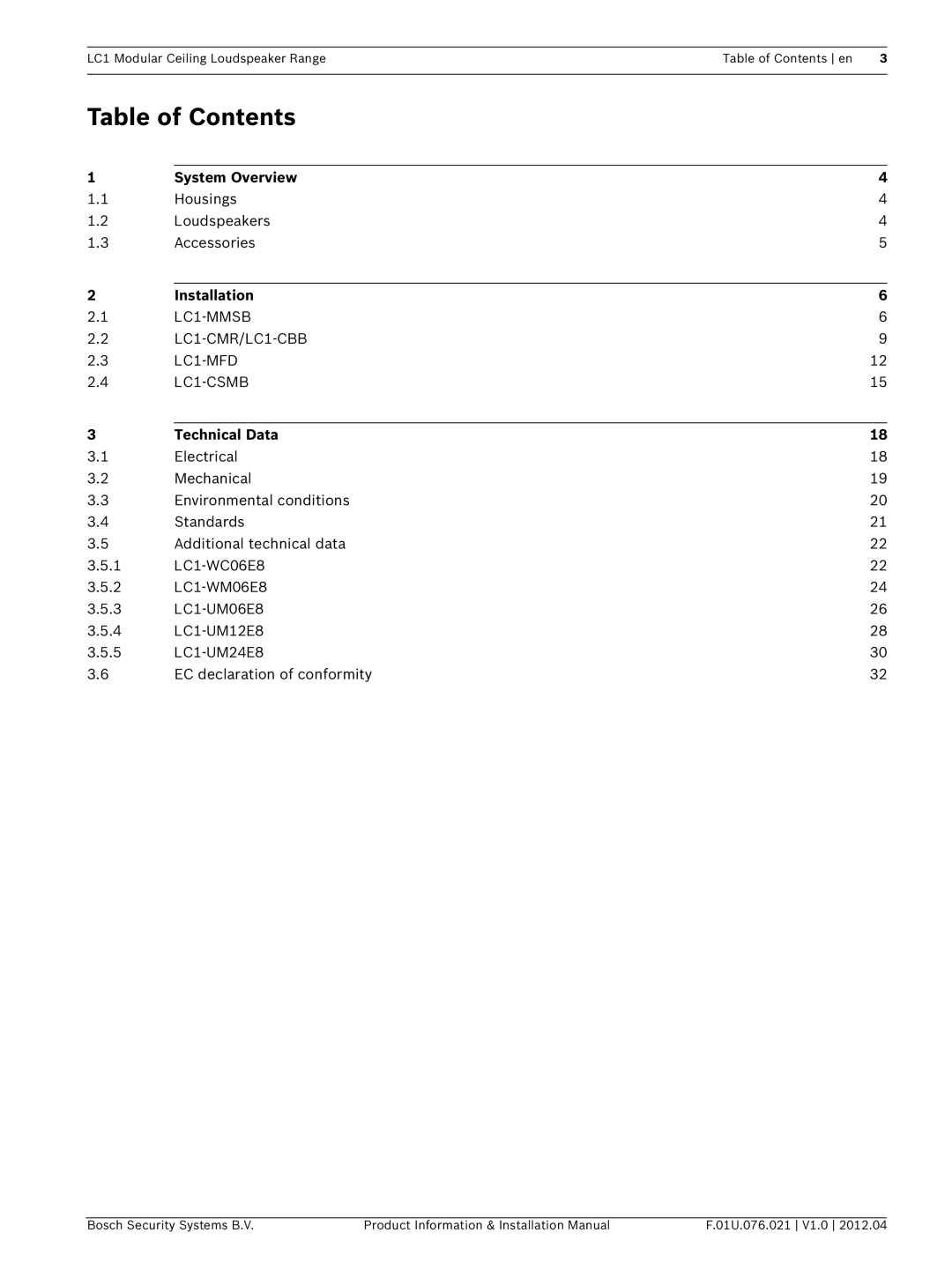 Bosch Appliances LC1 installation manual Table of Contents 