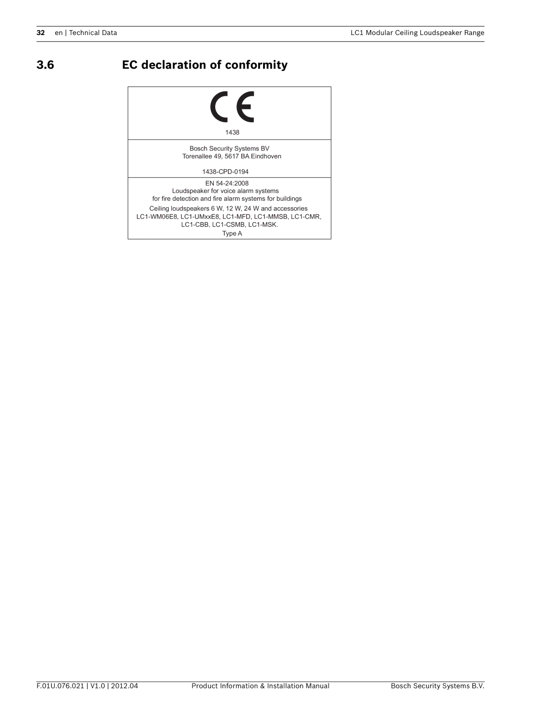 Bosch Appliances installation manual EC declaration of conformity, LC1-CBB, LC1-CSMB, LC1-MSK 