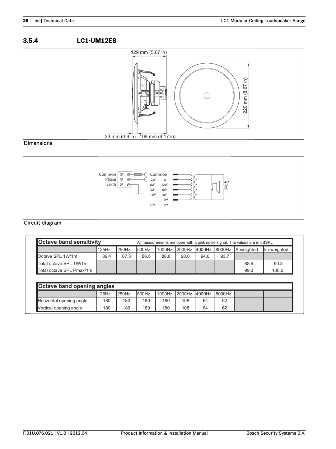 Bosch Appliances installation manual 3.5.4LC1-UM12E8, Octave band sensitivity, Octave band opening angles 