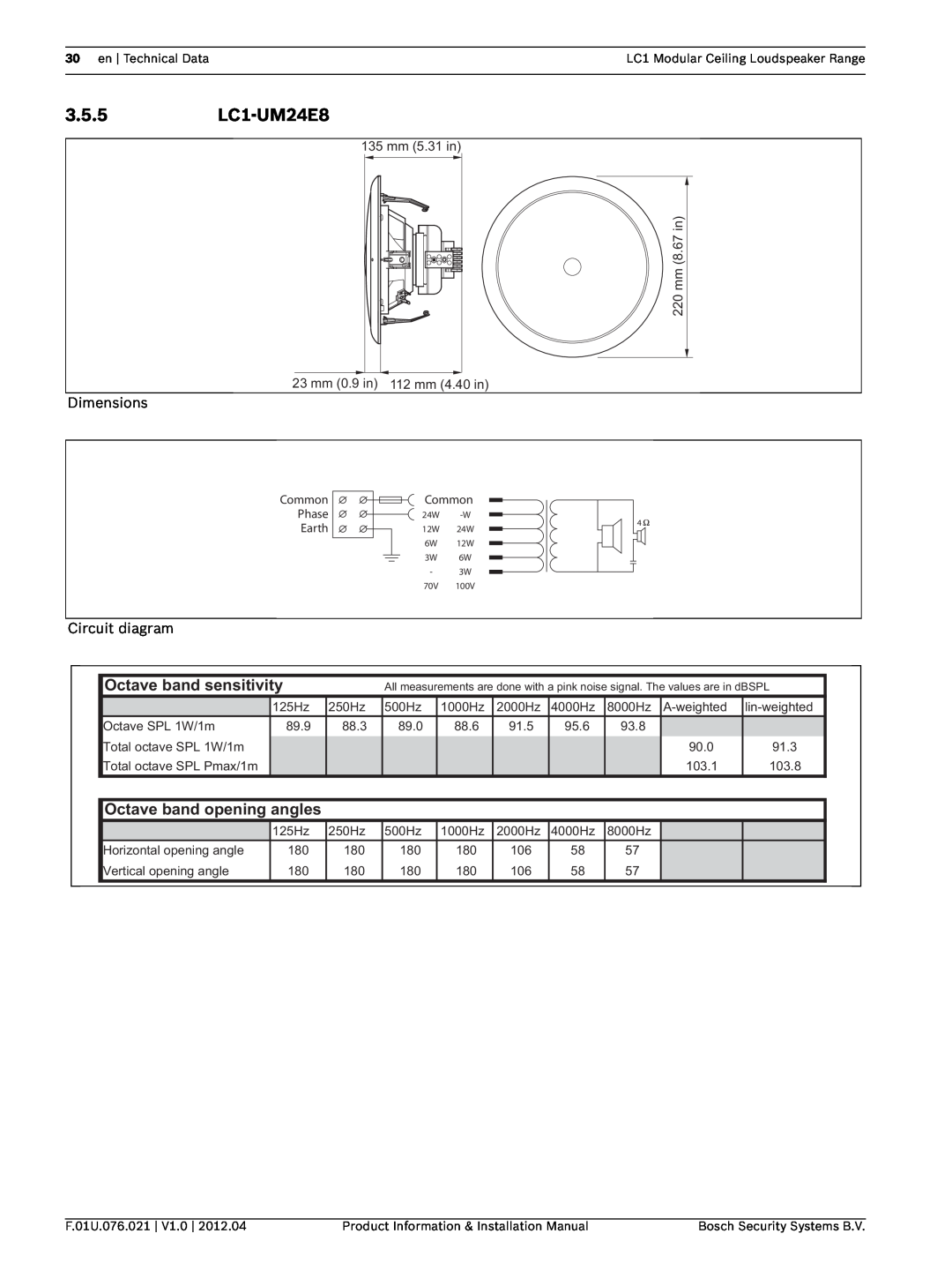 Bosch Appliances installation manual 3.5.5LC1-UM24E8, Octave band sensitivity, Octave band opening angles 
