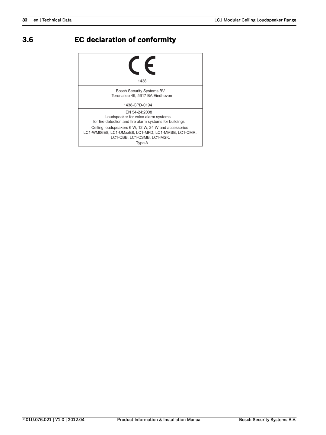 Bosch Appliances LC1 installation manual EC declaration of conformity 