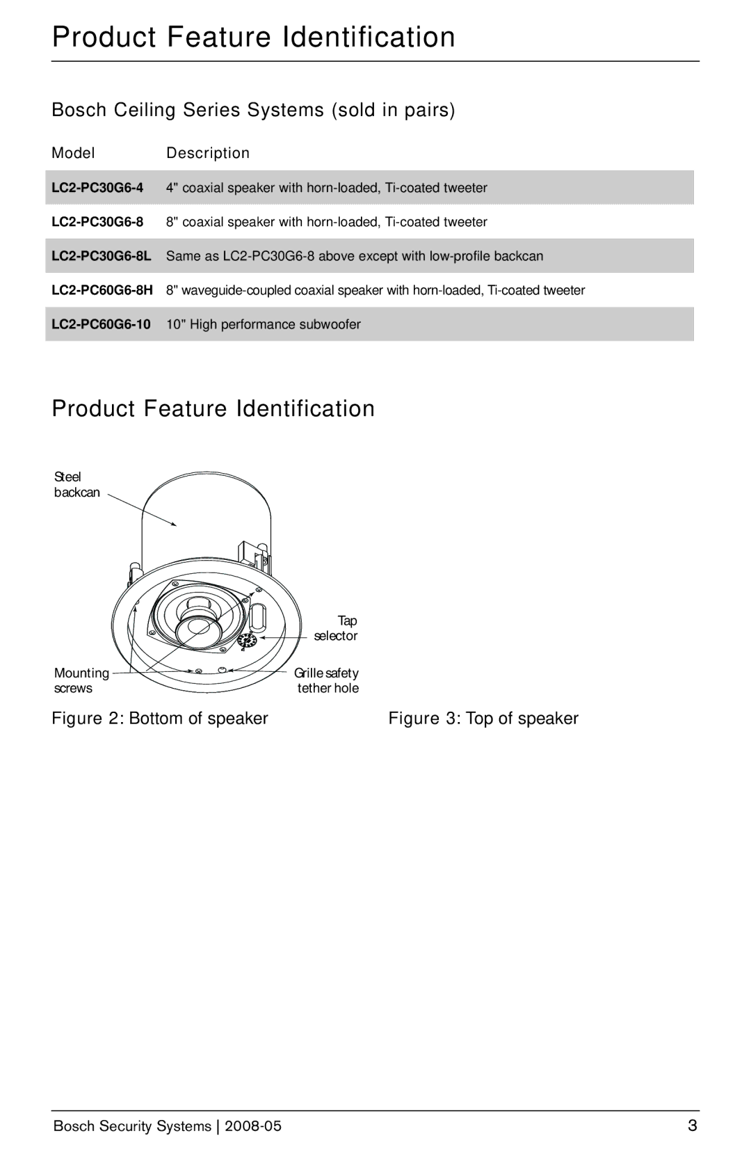 Bosch Appliances LC2-PC60G6-8H, LC2-PC30G6-8L Product Feature Identification, Bosch Ceiling Series Systems sold in pairs 