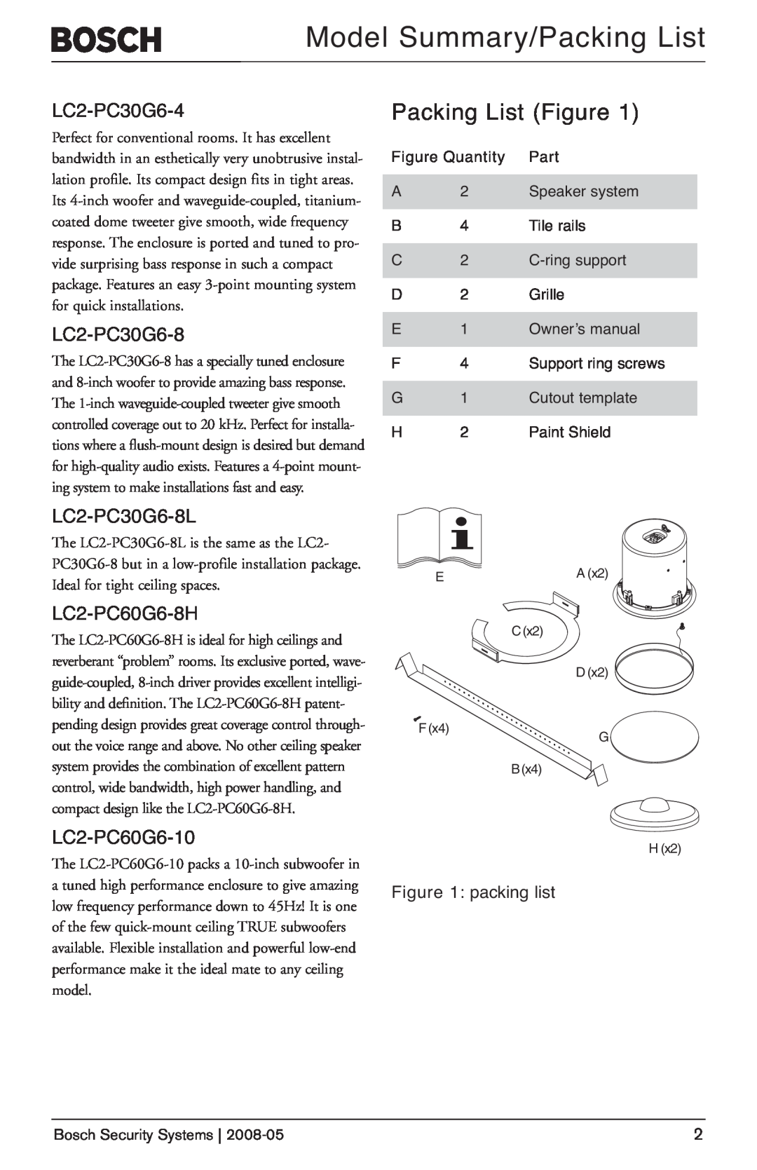 Bosch Appliances LC2-PC30G6-8, LC2-PC60G6-8H Model Summary/Packing List, Packing List Figure, LC2-PC30G6-4, packing list 
