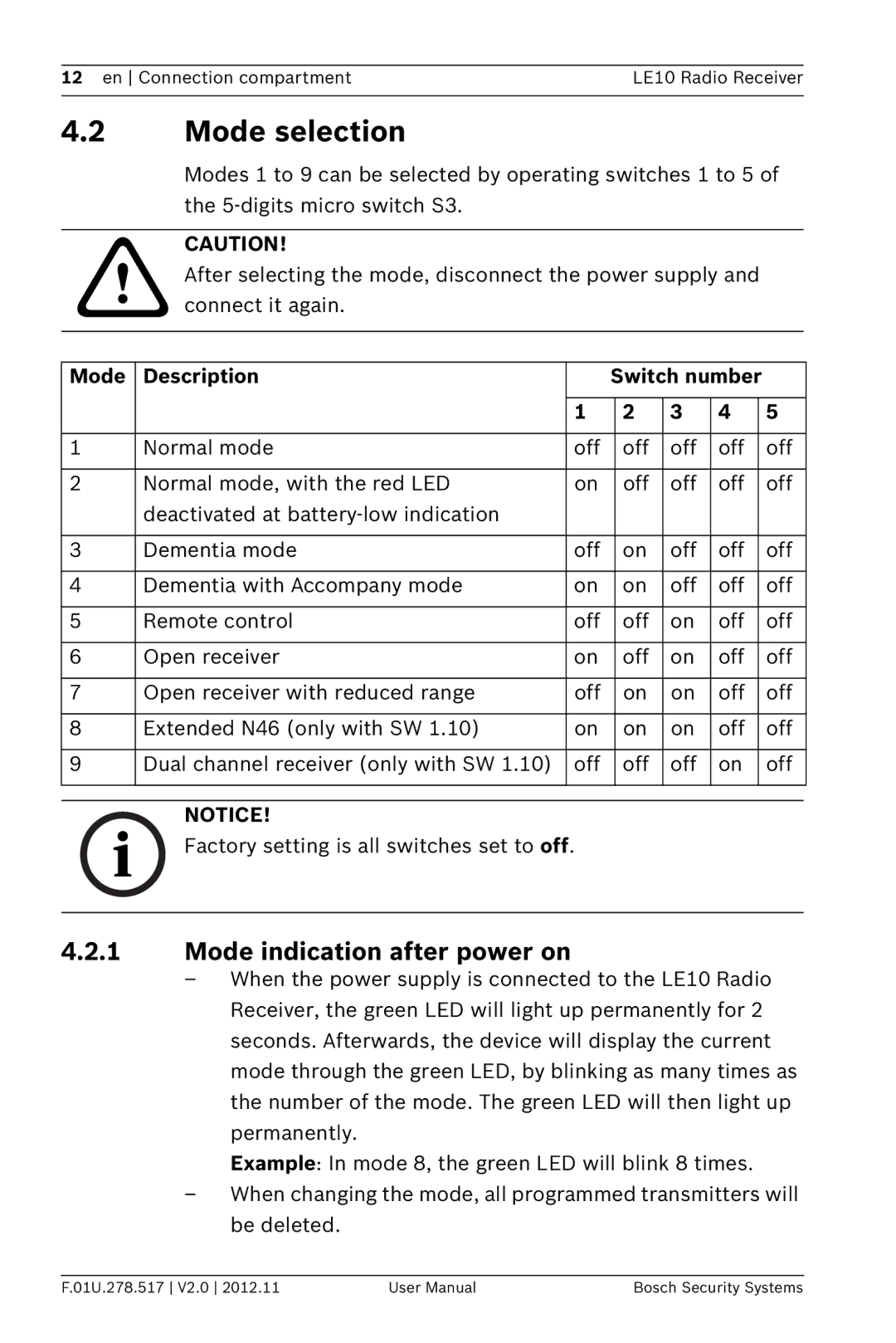 Bosch Appliances LE10 user manual Mode selection, Mode indication after power on, Mode Description Switch number 