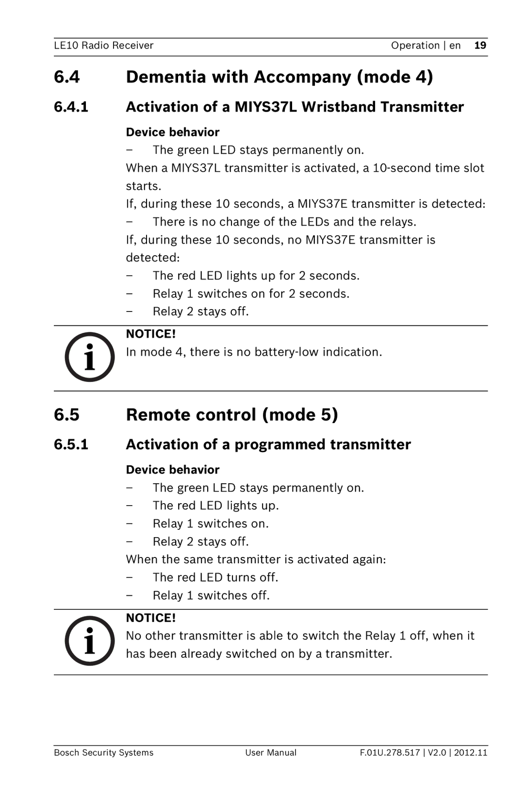 Bosch Appliances LE10 user manual Dementia with Accompany mode, Remote control mode, Activation of a programmed transmitter 