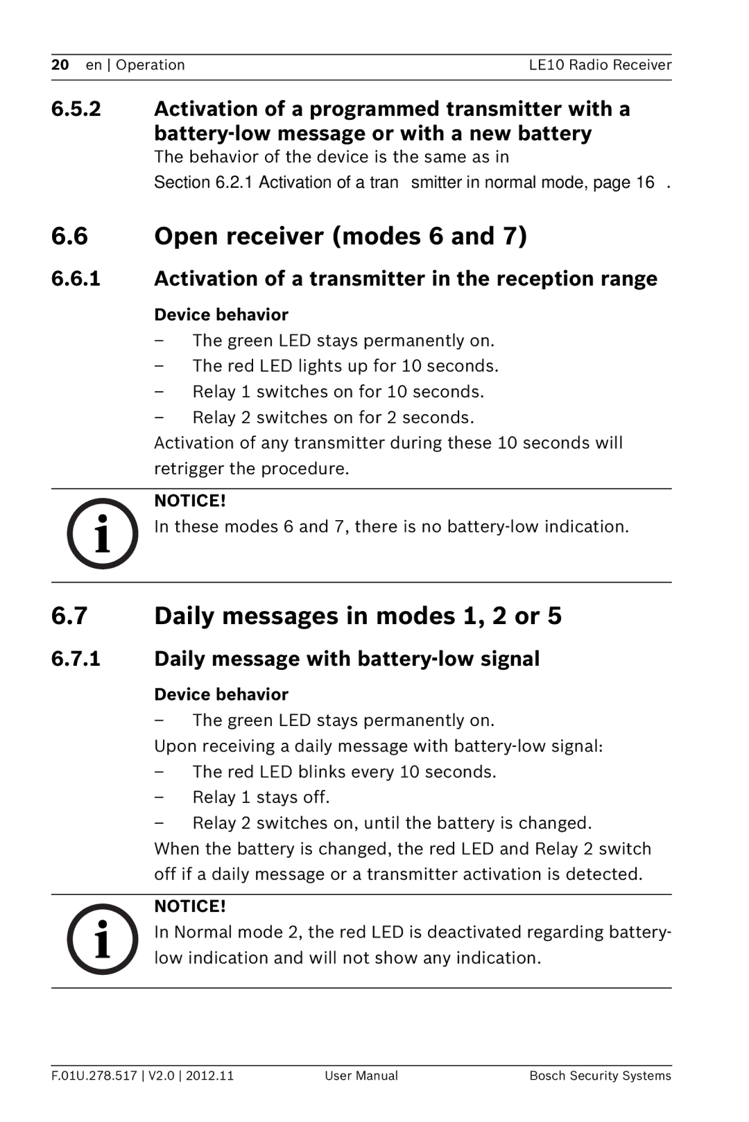 Bosch Appliances LE10 Open receiver modes 6, Daily messages in modes 1, 2 or, Daily message with battery-low signal 