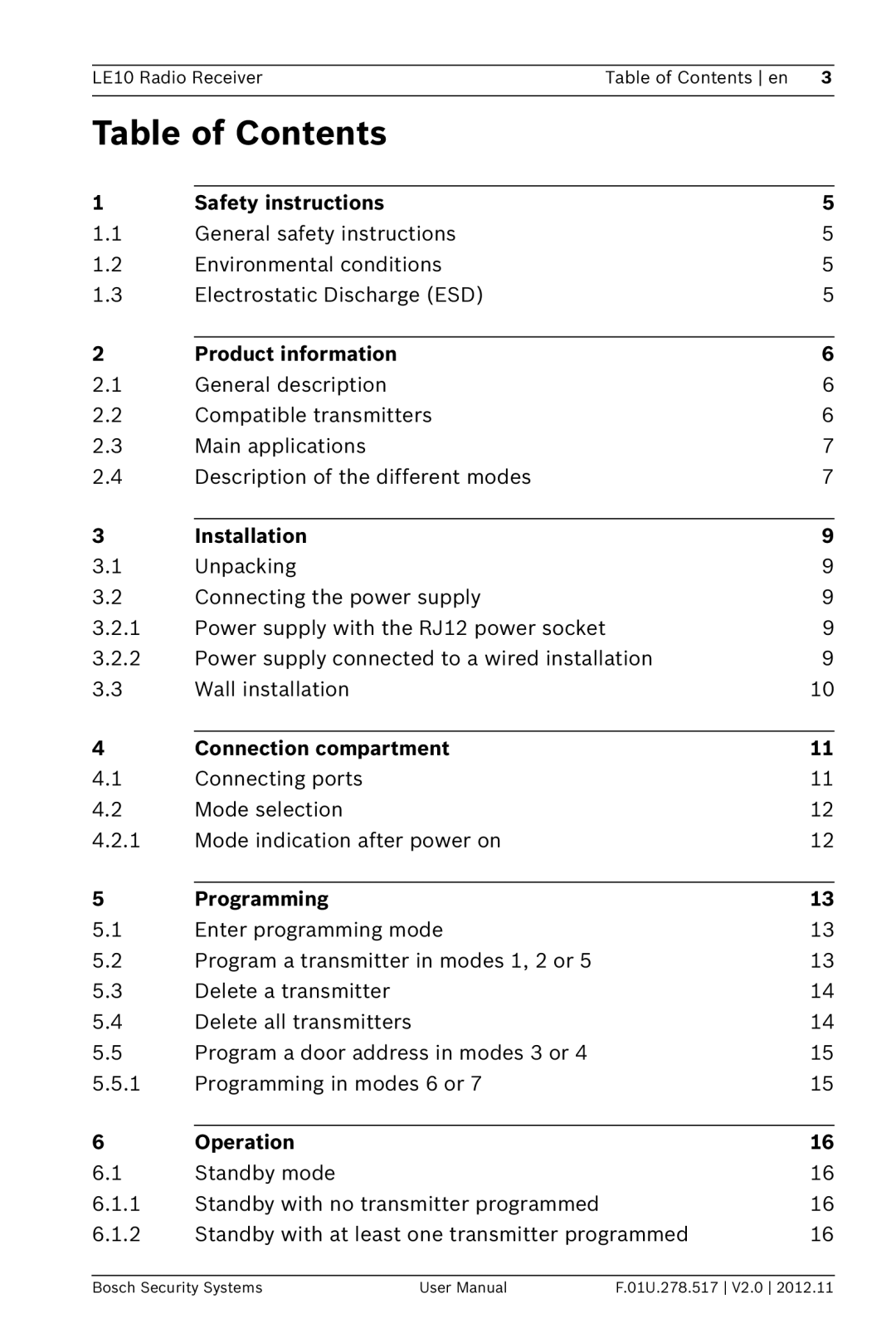 Bosch Appliances LE10 user manual Table of Contents 