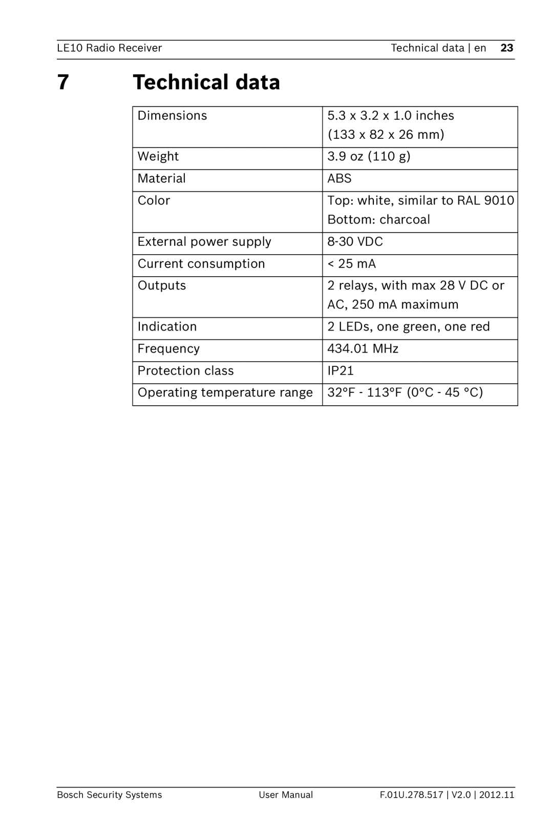 Bosch Appliances LE10 user manual Technical data 
