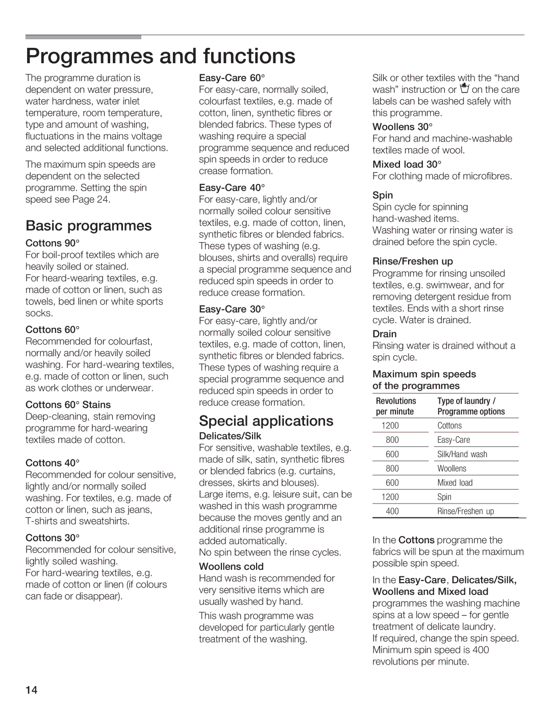 Bosch Appliances LOGIXX 9 manual Functions, Basic Programmes, Special Applications 