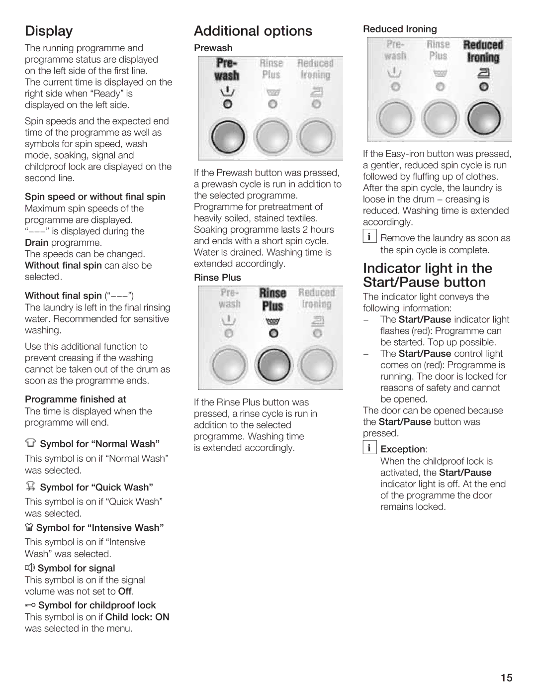 Bosch Appliances LOGIXX 9 manual Display Additional Options, Indicator light, Start/Pause button 