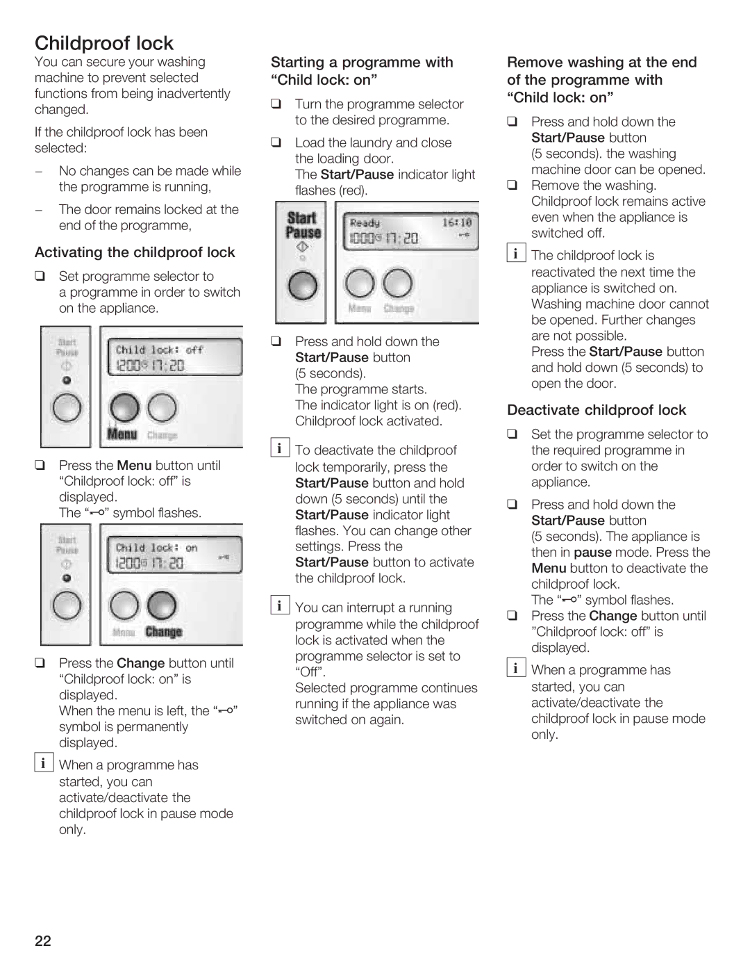 Bosch Appliances LOGIXX 9 manual Starting Programme With Remove Washing End Child Lock Ofthe, Childlock 