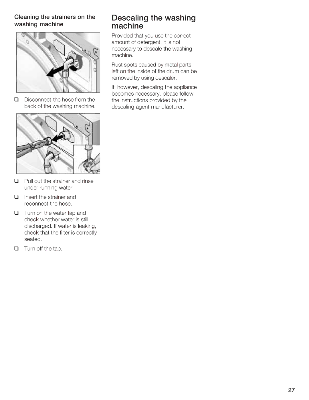 Bosch Appliances LOGIXX 9 manual On the Descaling the washing, Leaning Strainers, Washing Machine 