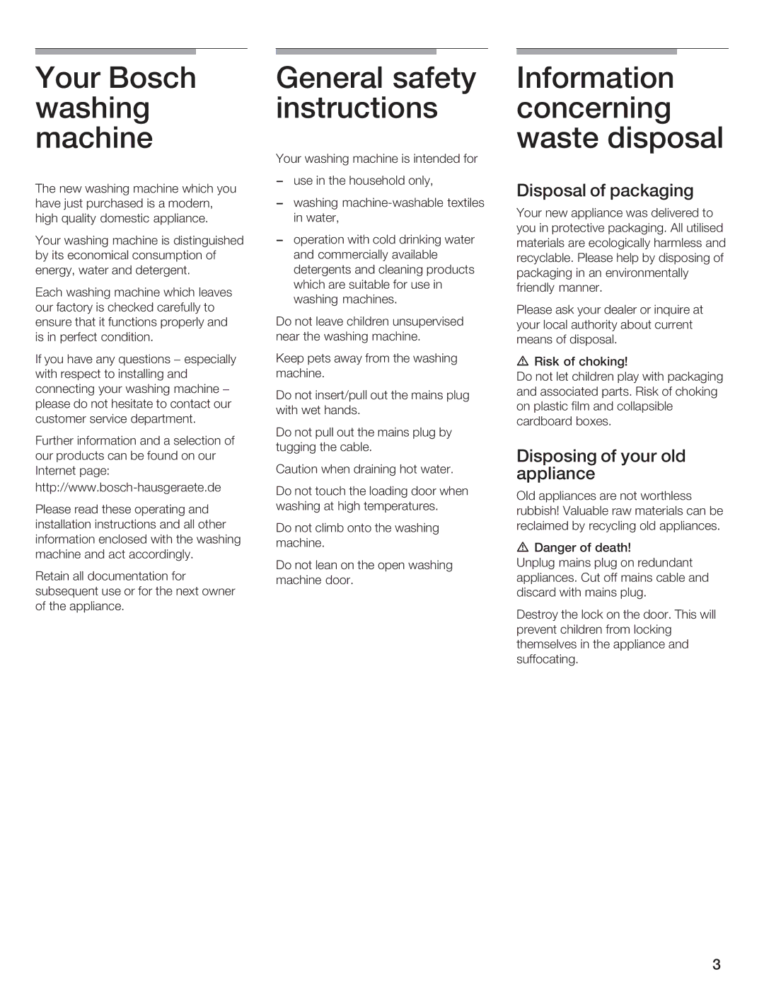 Bosch Appliances LOGIXX 9 manual Your Bosc General safety Wasn Nstructons Macne, Informaton concernn waste dsposal 