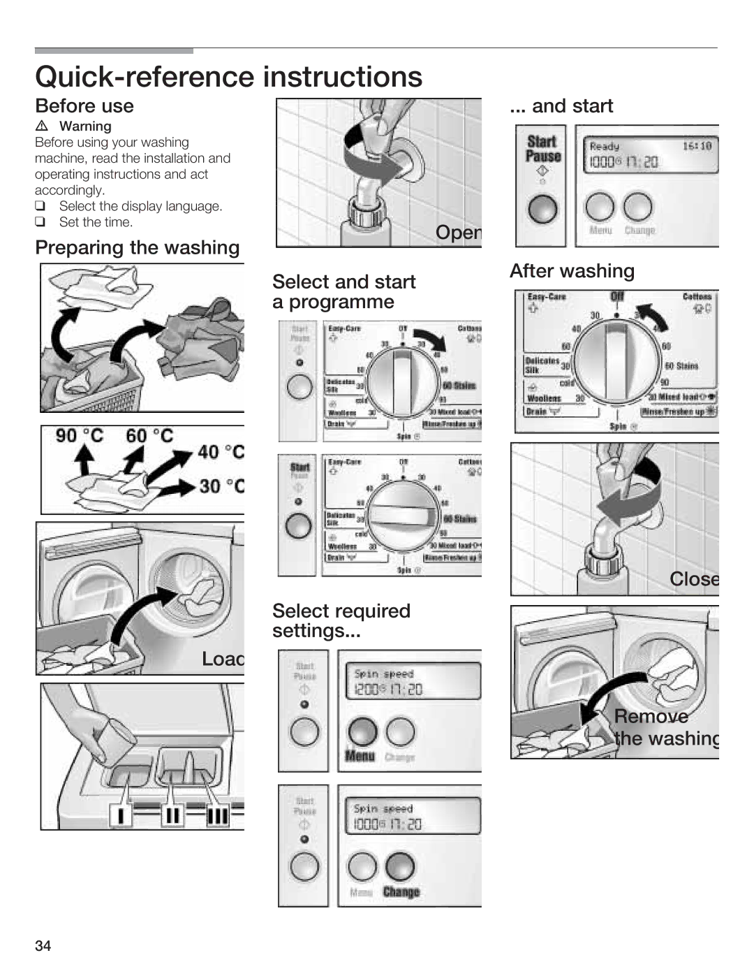 Bosch Appliances LOGIXX 9 manual Quick%reference Instructions, Before use Start 