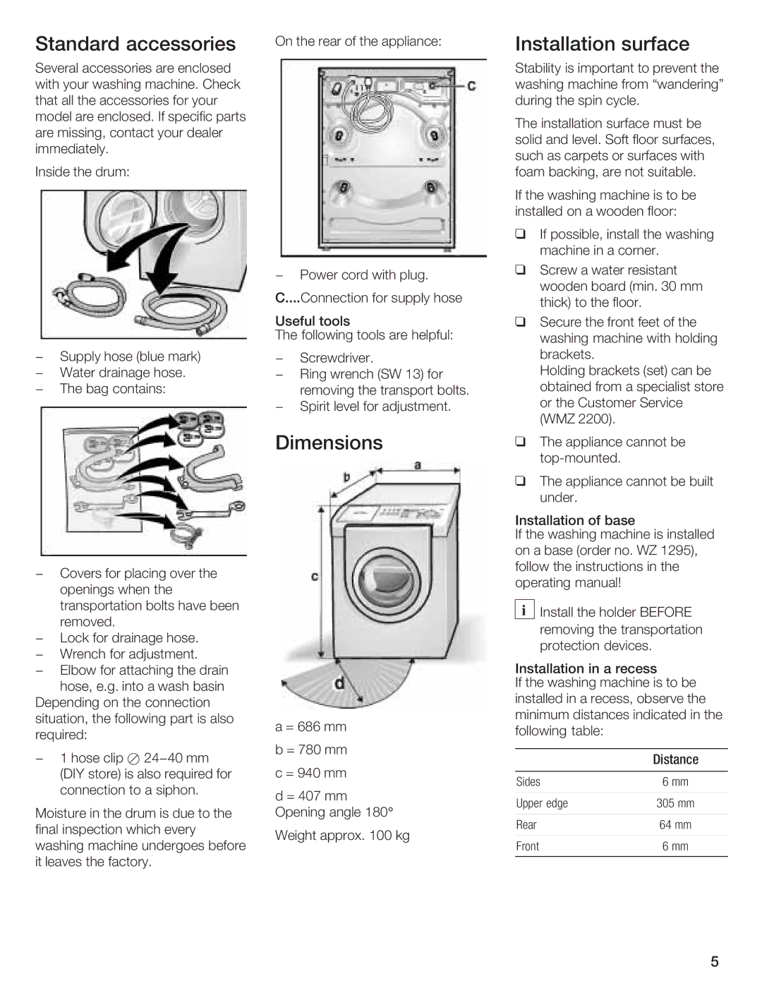 Bosch Appliances LOGIXX 9 manual Dimensions, Nstallation surface 