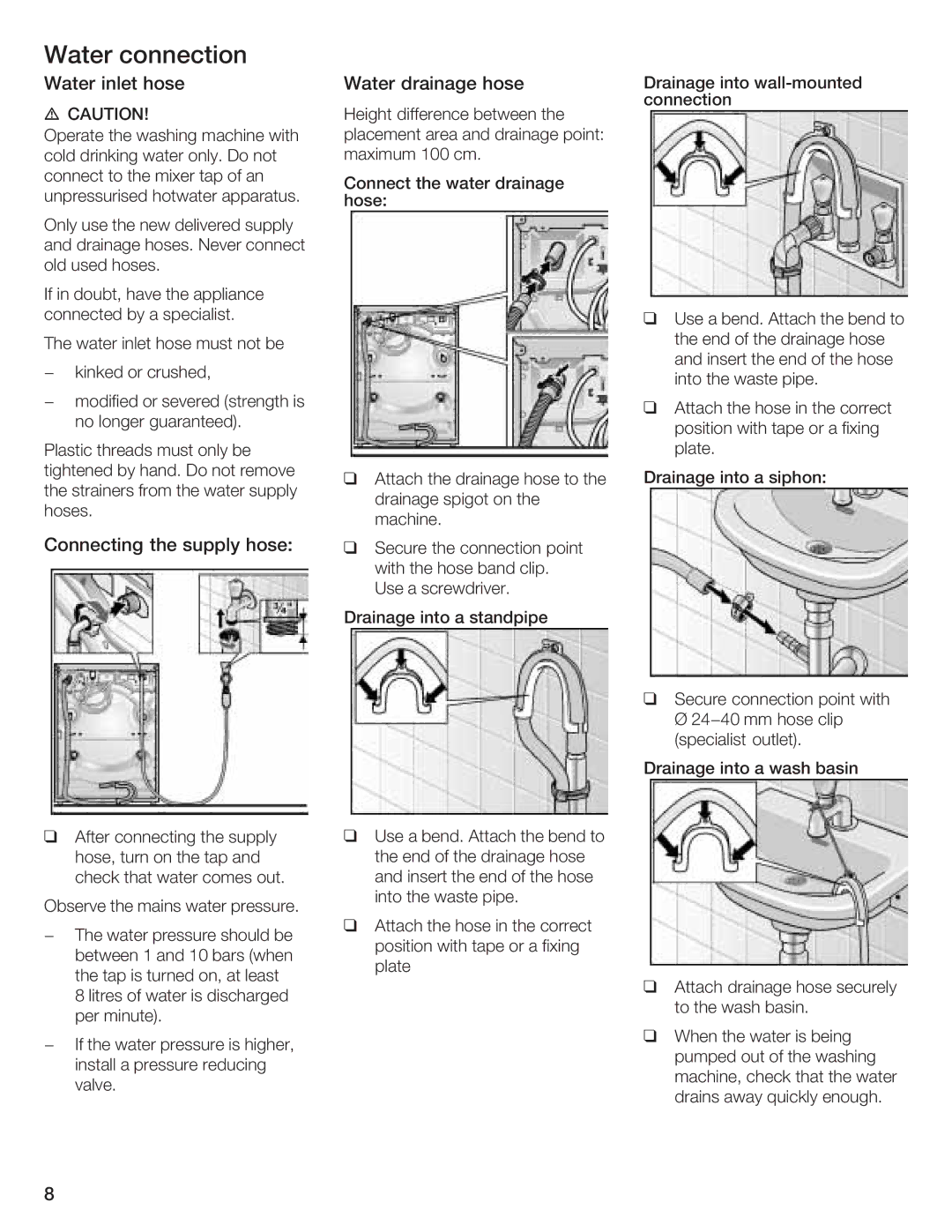 Bosch Appliances LOGIXX 9 manual Water inlet hose Water drainage hose 