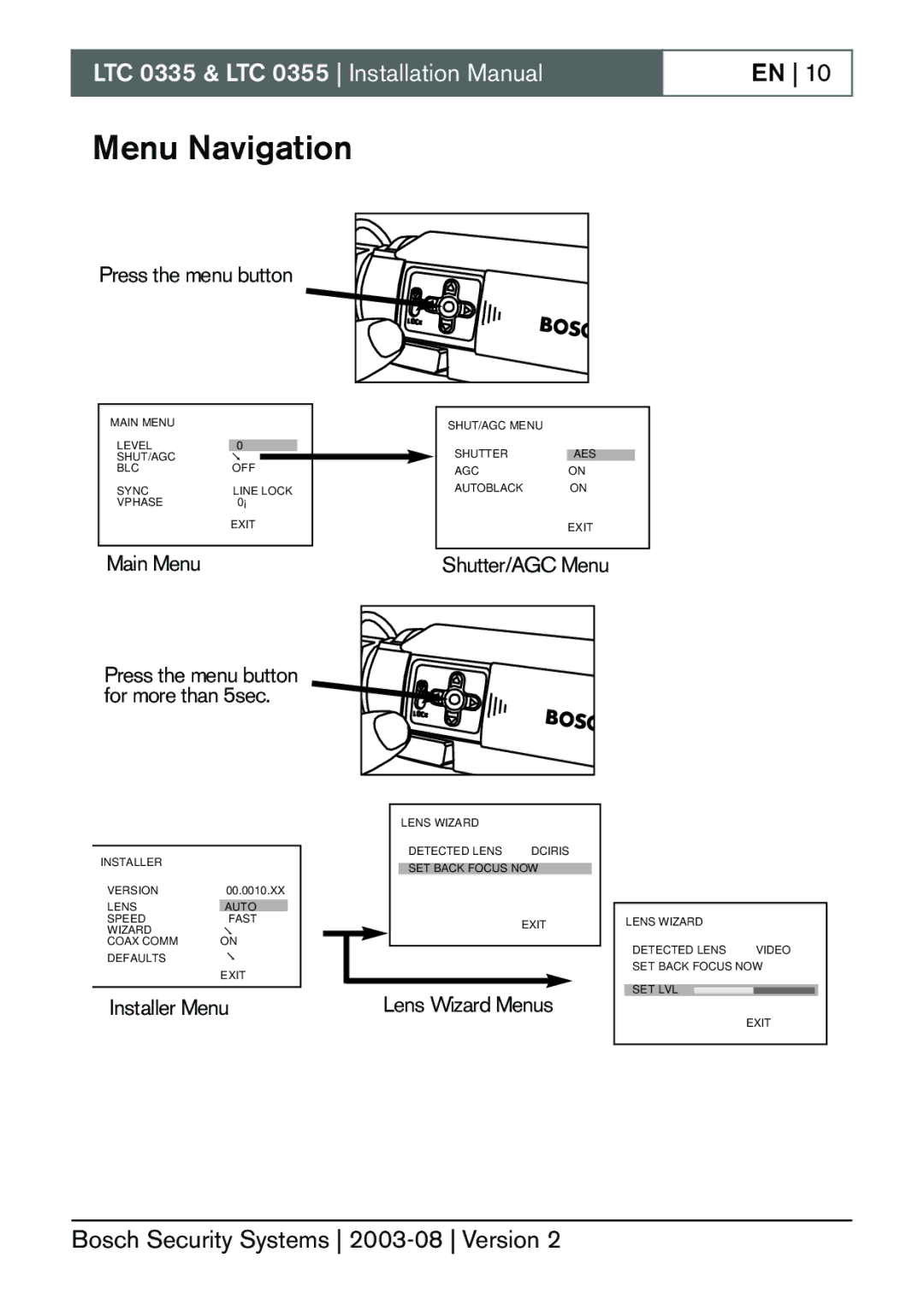 Bosch Appliances LTC 0355, LTC 0335 installation manual Menu Navigation, Main Menu 