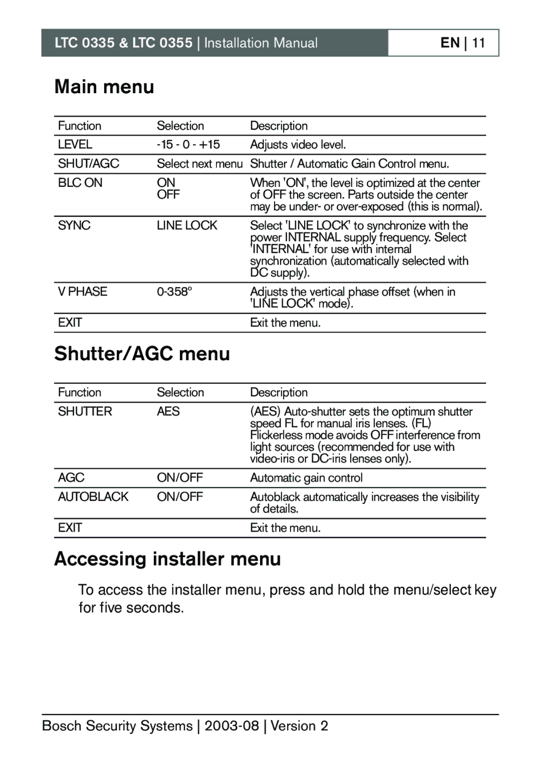 Bosch Appliances LTC 0335, LTC 0355 installation manual Main menu, Shutter/AGC menu, Accessing installer menu 