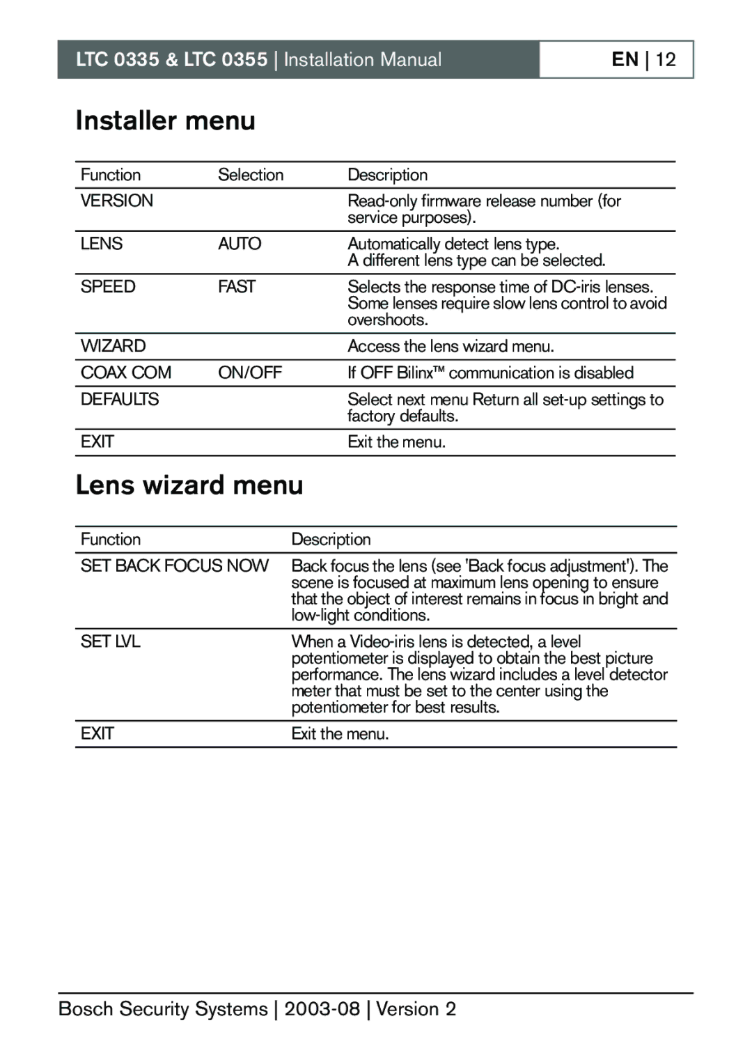 Bosch Appliances LTC 0355, LTC 0335 installation manual Installer menu, Lens wizard menu 