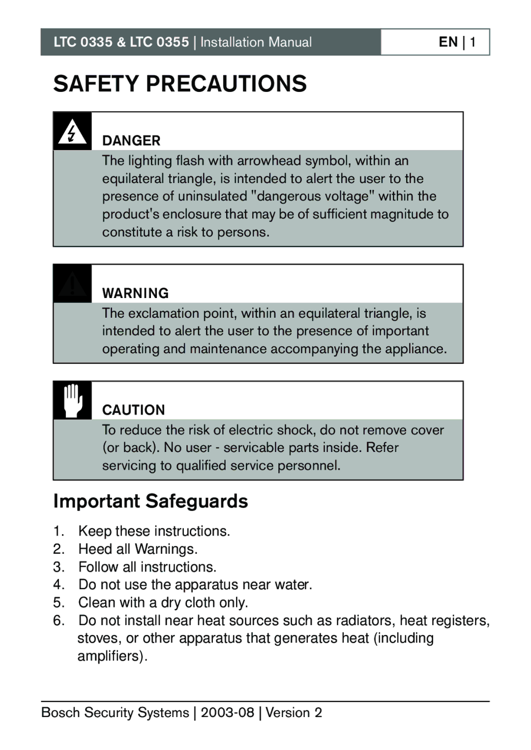 Bosch Appliances LTC 0335, LTC 0355 installation manual Safety Precautions, Important Safeguards 