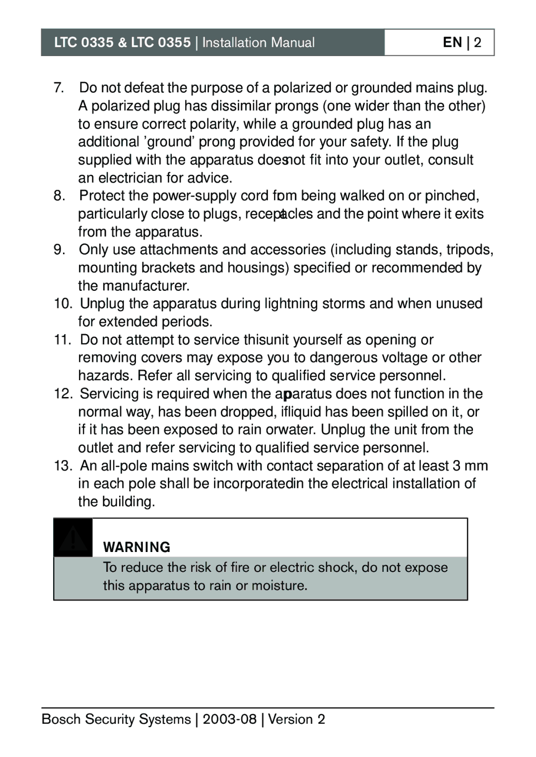 Bosch Appliances installation manual LTC 0335 & LTC 0355 Installation Manual 