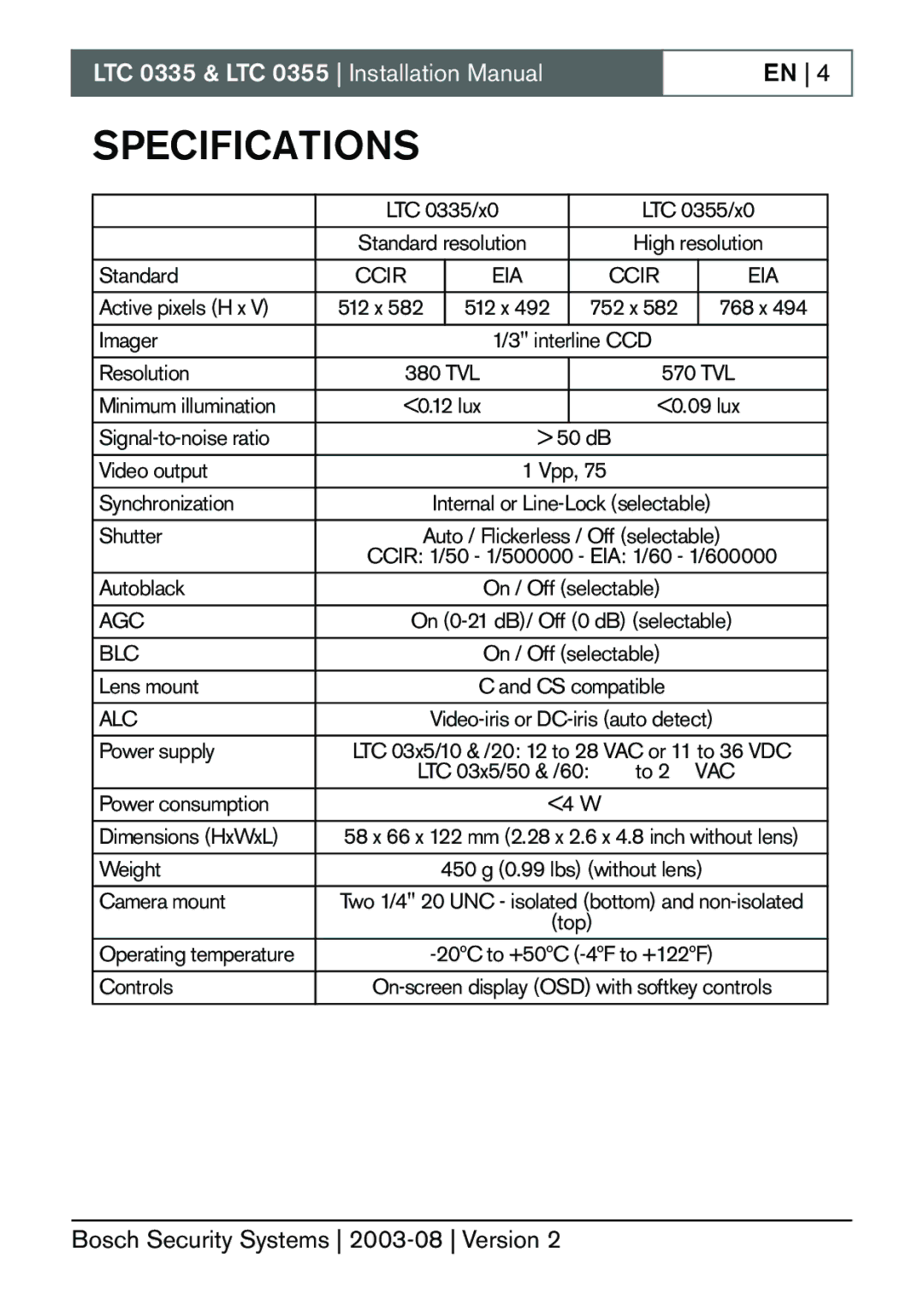 Bosch Appliances LTC 0355, LTC 0335 installation manual Specifications, Ccir, Agc, Blc, Alc 