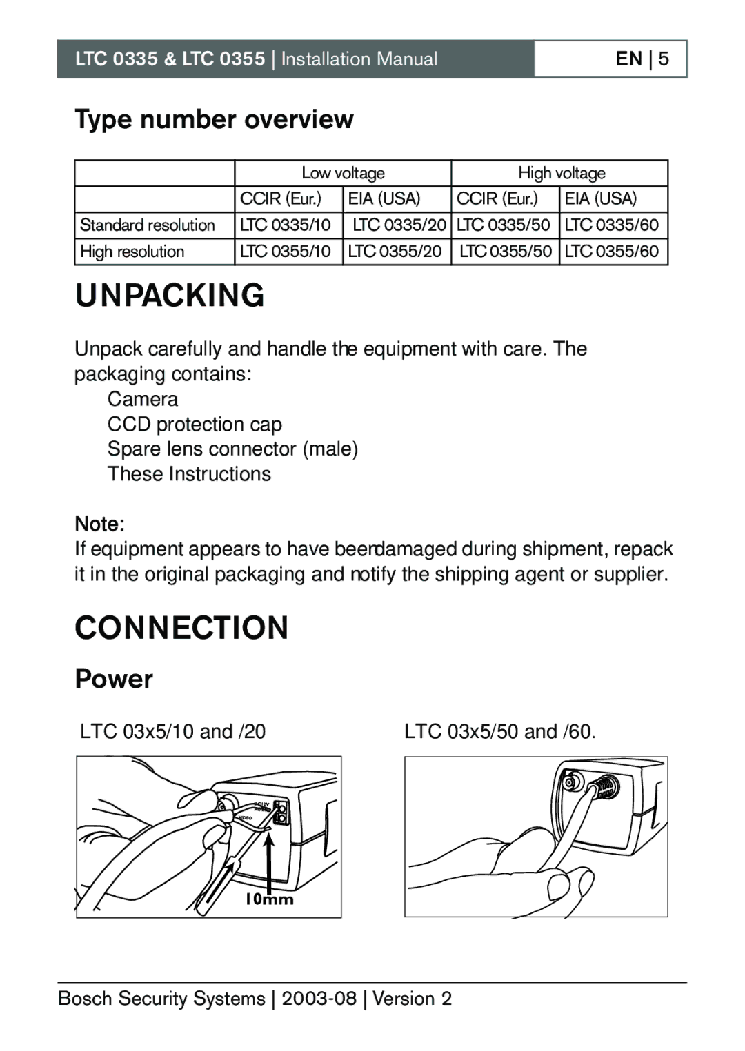 Bosch Appliances LTC 0335, LTC 0355 installation manual Unpacking, Connection, Type number overview, Power, Eia Usa 