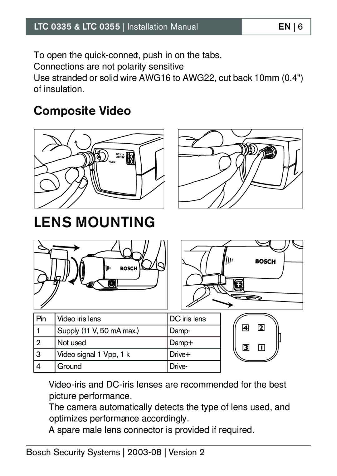 Bosch Appliances LTC 0355, LTC 0335 installation manual Lens Mounting, Composite Video 