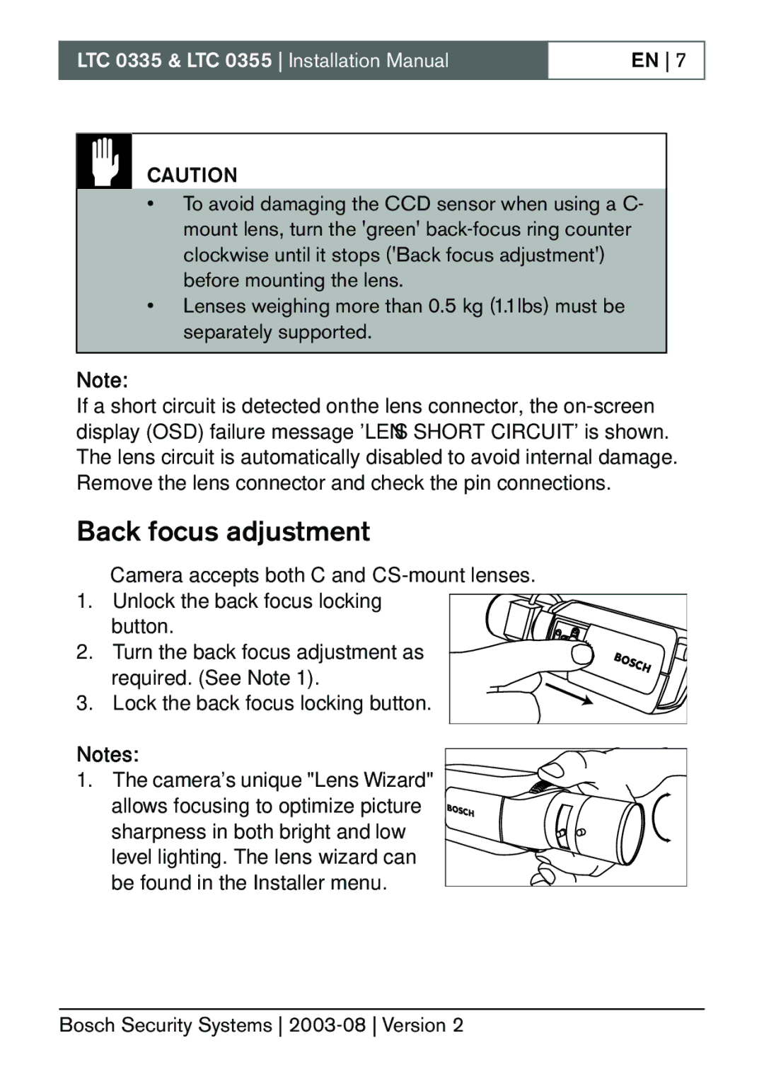 Bosch Appliances LTC 0335, LTC 0355 installation manual Back focus adjustment 