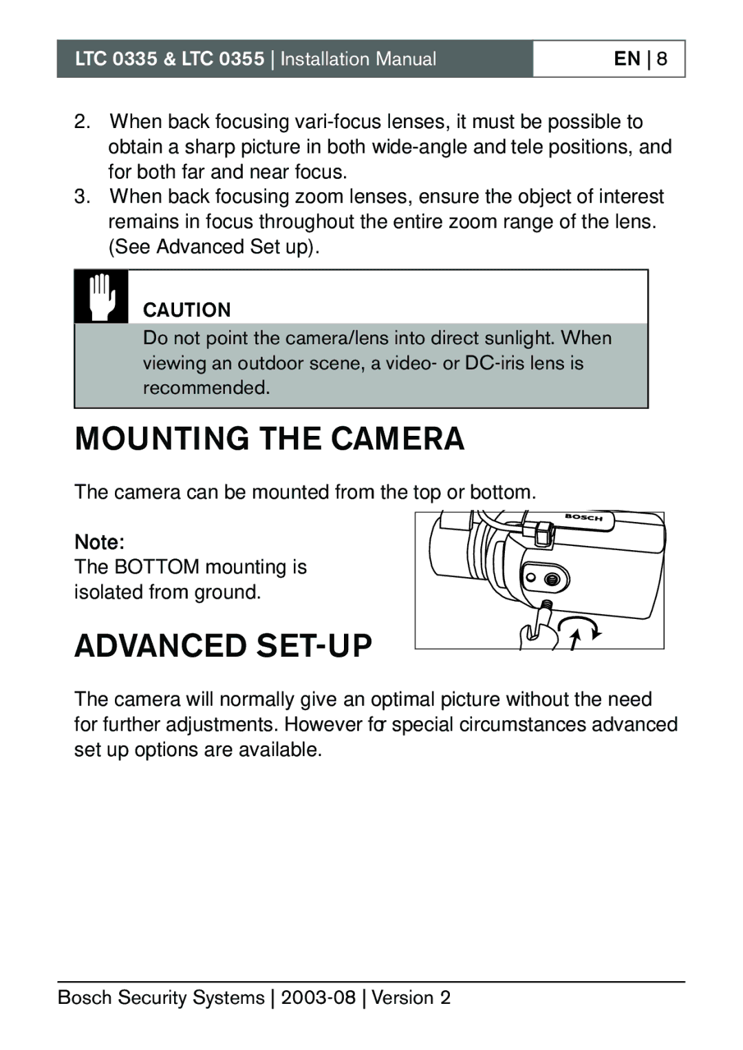 Bosch Appliances LTC 0355, LTC 0335 installation manual Mounting the Camera, Advanced SET-UP 