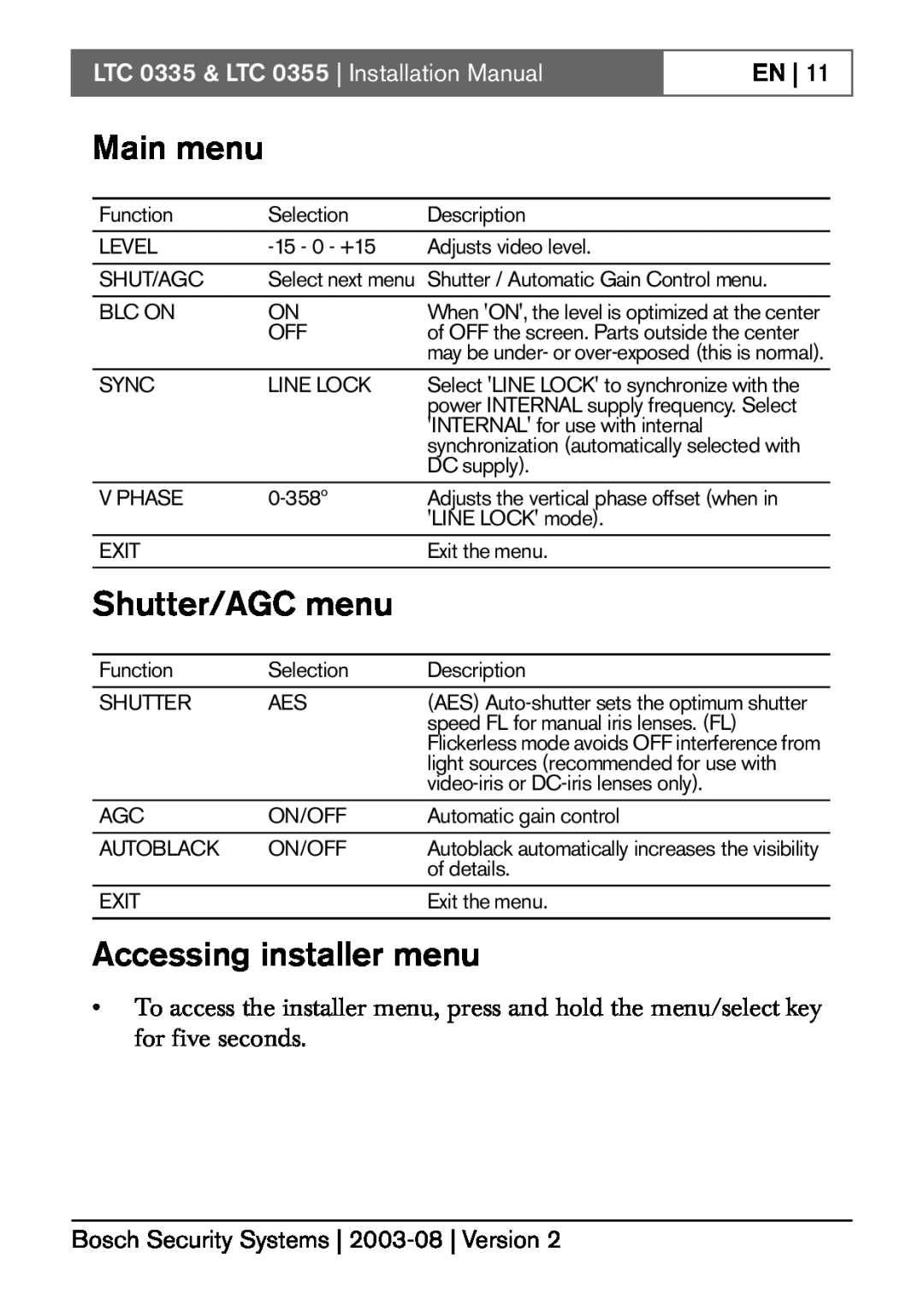 Bosch Appliances Main menu, Shutter/AGC menu, Accessing installer menu, LTC 0335 & LTC 0355 Installation Manual, En 