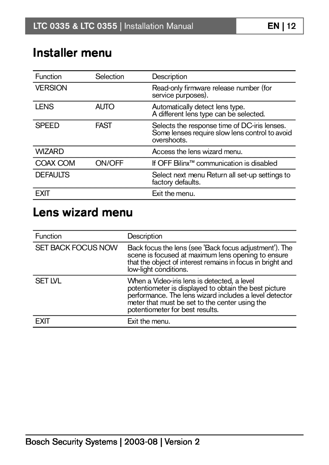 Bosch Appliances installation manual Installer menu, Lens wizard menu, LTC 0335 & LTC 0355 Installation Manual, En 