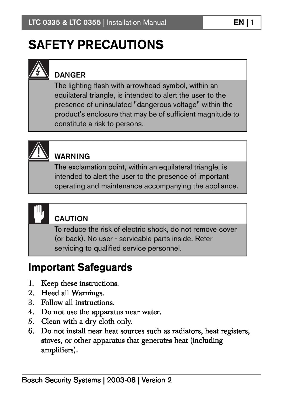 Bosch Appliances installation manual Safety Precautions, Important Safeguards, LTC 0335 & LTC 0355 Installation Manual 