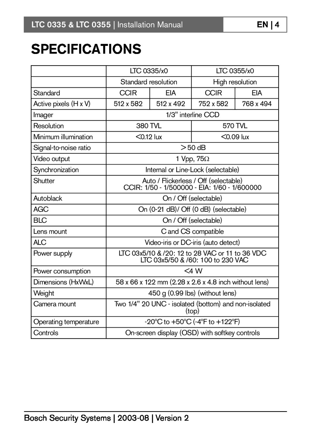 Bosch Appliances Specifications, LTC 0335 & LTC 0355 Installation Manual, En, Bosch Security Systems 2003-08 Version 