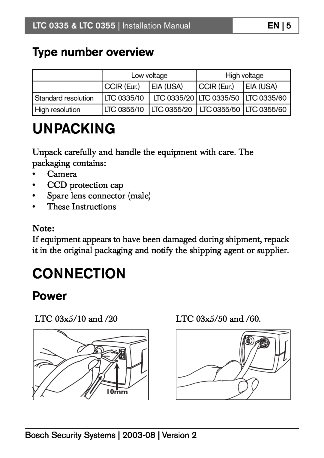 Bosch Appliances Unpacking, Connection, Type number overview, Power, LTC 0335 & LTC 0355 Installation Manual 