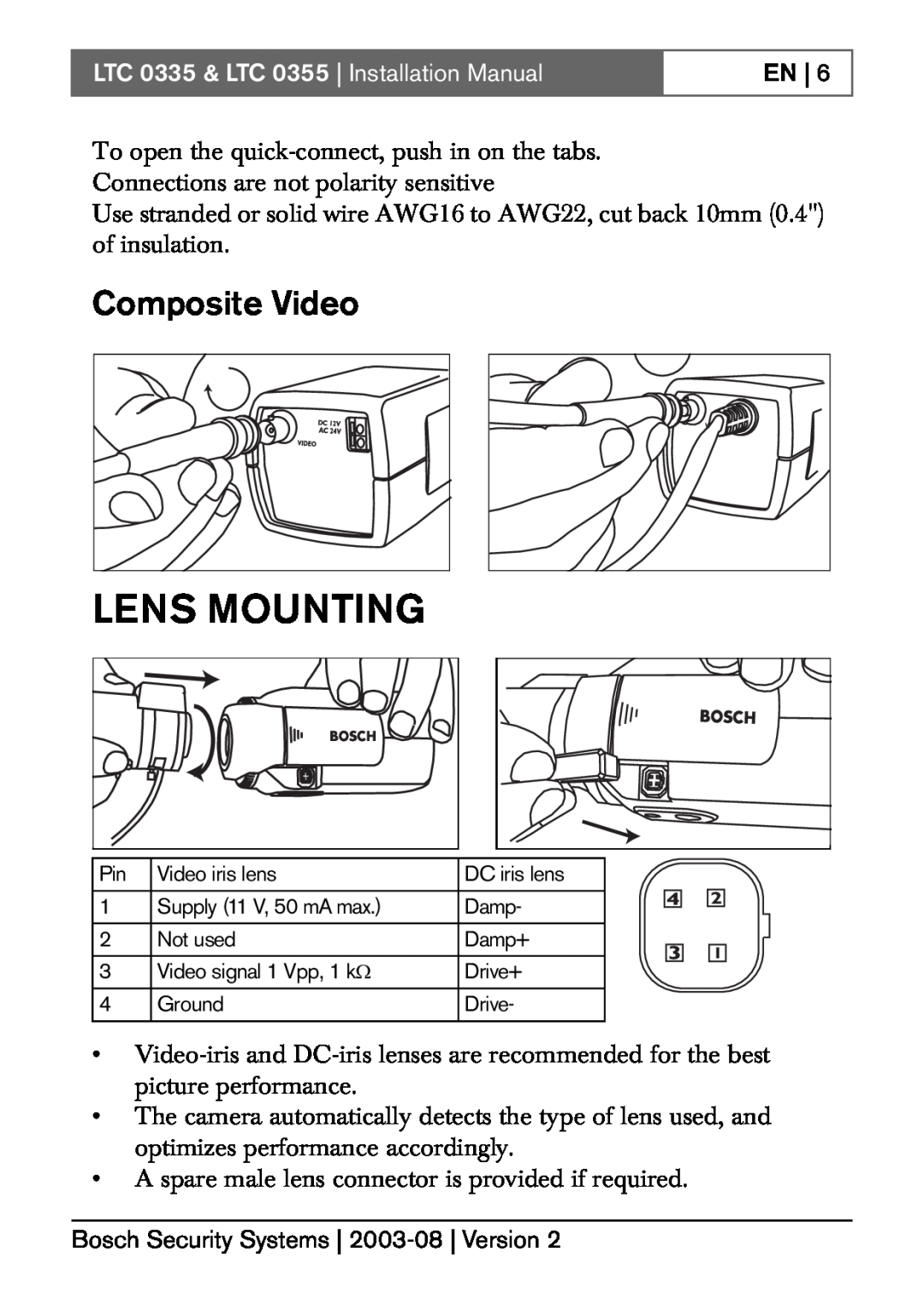 Bosch Appliances installation manual Lens Mounting, Composite Video, LTC 0335 & LTC 0355 Installation Manual 