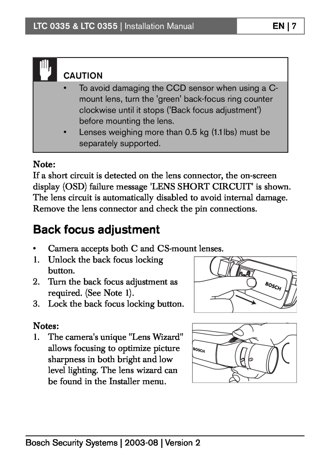 Bosch Appliances installation manual Back focus adjustment, LTC 0335 & LTC 0355 Installation Manual 