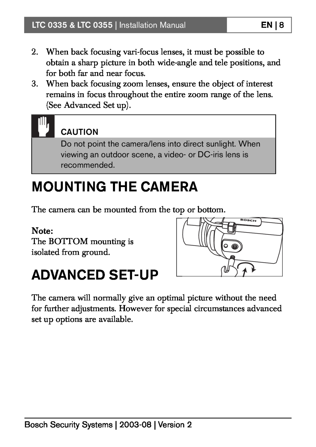 Bosch Appliances installation manual Mounting The Camera, Advanced Set-Up, LTC 0335 & LTC 0355 Installation Manual, En 
