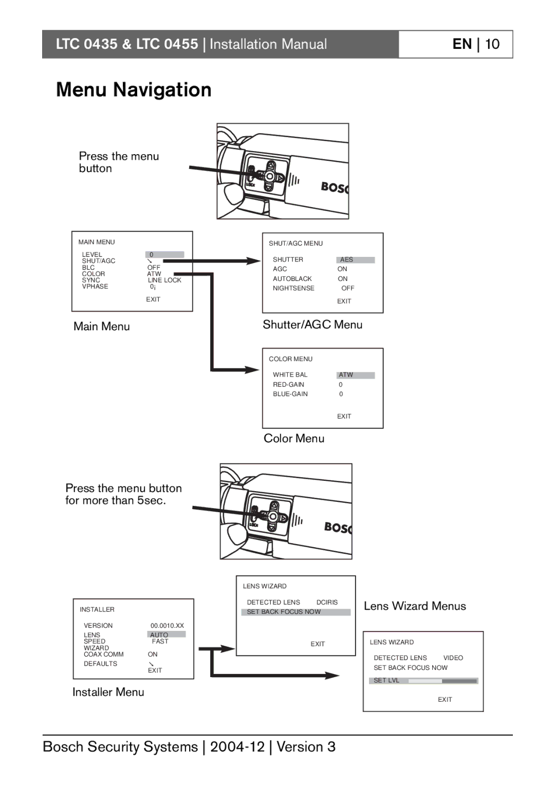 Bosch Appliances LTC 0455, LTC 0435 installation manual Menu Navigation, Shutter/AGC Menu 