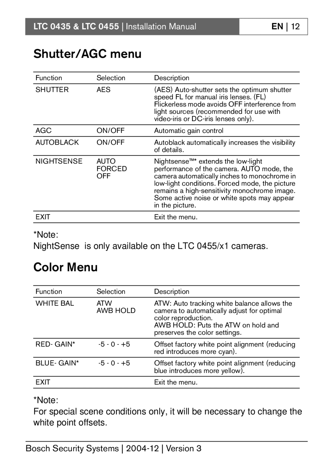 Bosch Appliances LTC 0455, LTC 0435 installation manual Shutter/AGC menu, Color Menu 