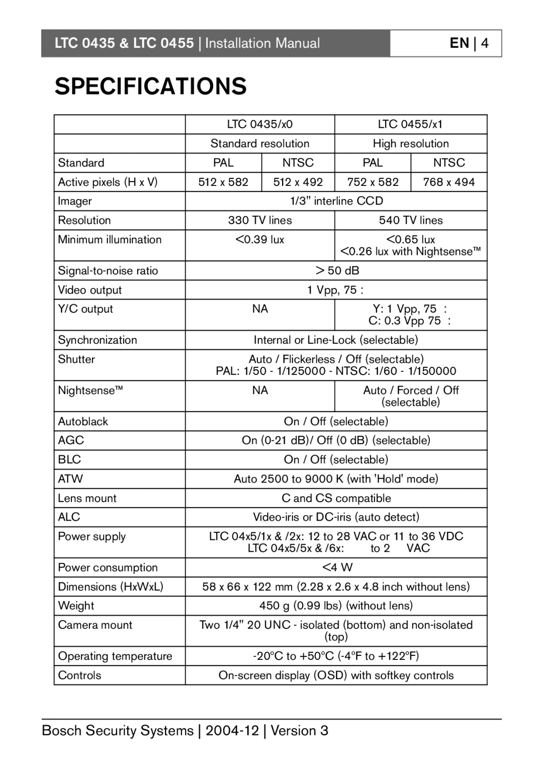 Bosch Appliances LTC 0455, LTC 0435 installation manual Specifications 