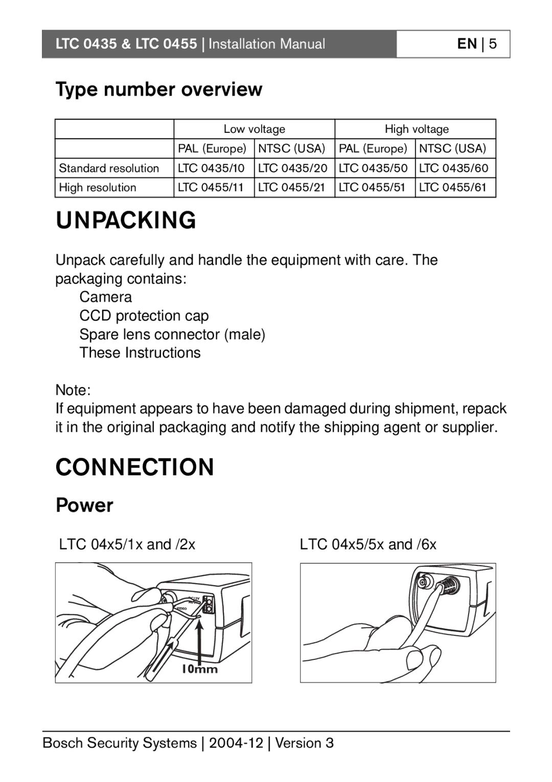 Bosch Appliances LTC 0435, LTC 0455 installation manual Unpacking, Connection, Type number overview, Power, Ntsc USA 