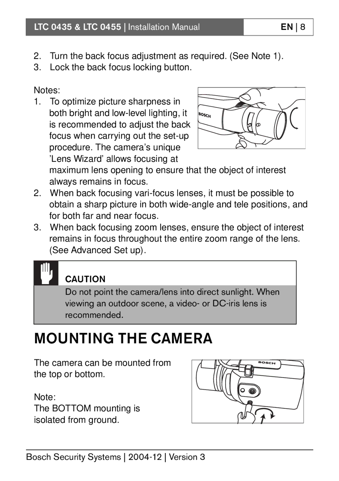 Bosch Appliances LTC 0455, LTC 0435 installation manual Mounting the Camera 