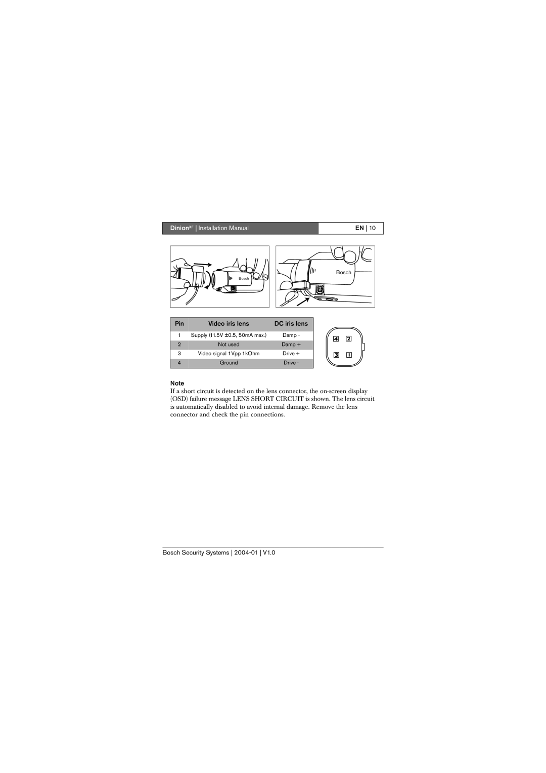 Bosch Appliances LTC 0495, LTC 0620 Dinion XF Installation Manual, Pin Video iris lens DC iris lens 